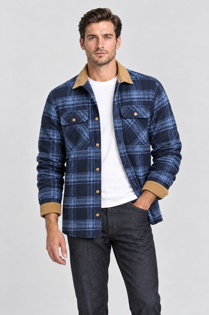 The Brixton Check Shacket in Navy Check, on model, front