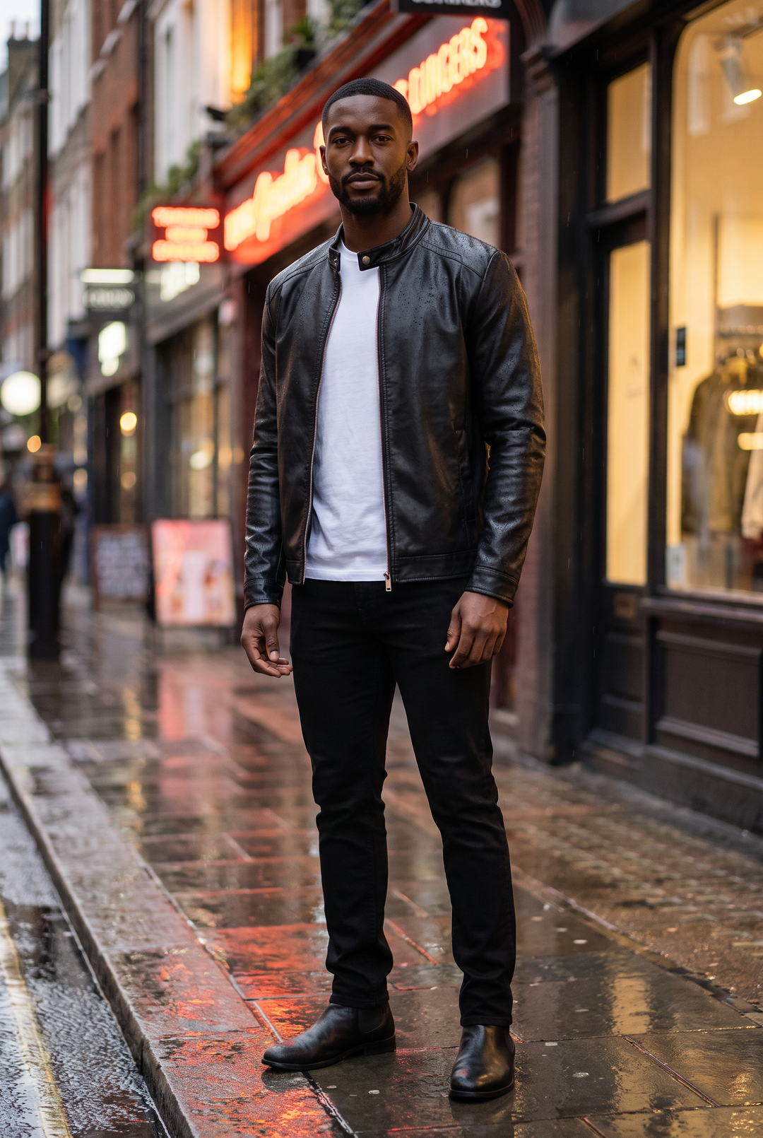The Brompton Faux Leather Jacket styled in London