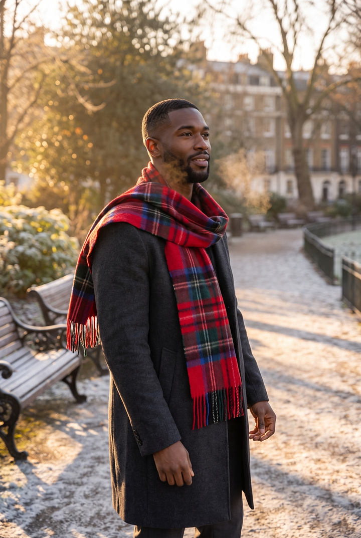 The Burlington red tartan wool scarf worn in Regent&