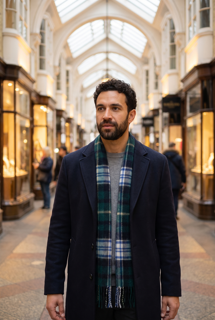 The Burlington green tartan scarf worn with a navy overcoat in the Burlington Arcade, London
