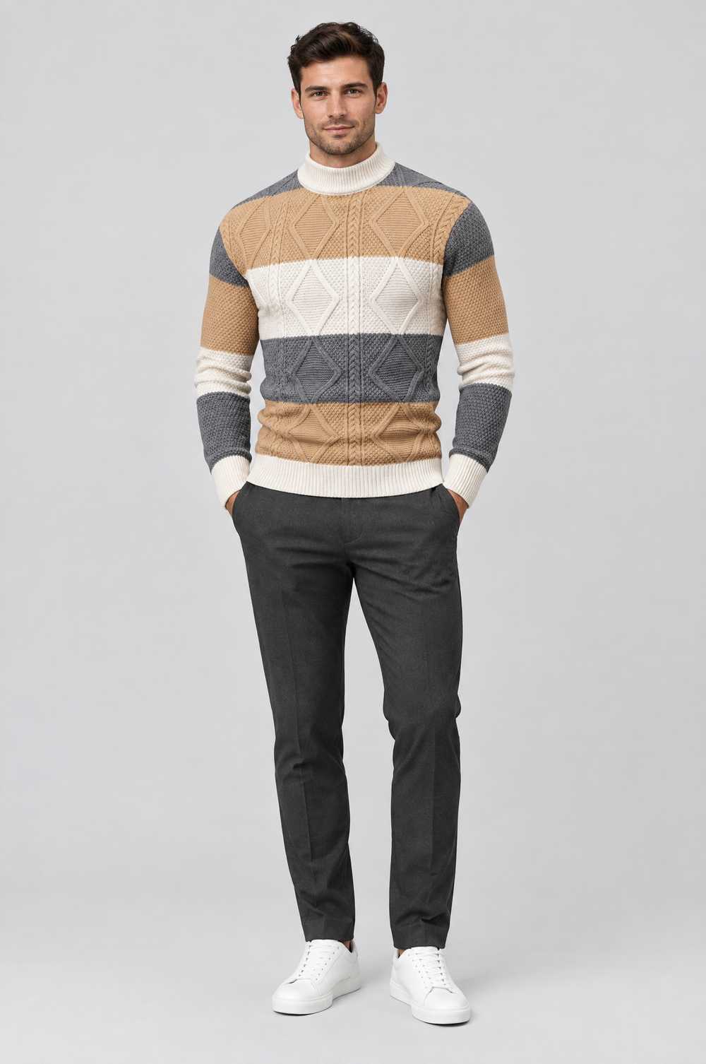 Men's Colour-Block Textured Jumper in Camel Block – The Cadogan by WARDLEY