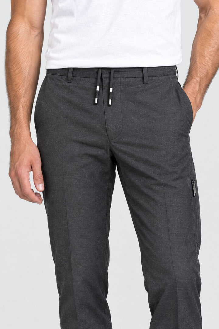 The Camden Tech Trouser in Charcoal, detail