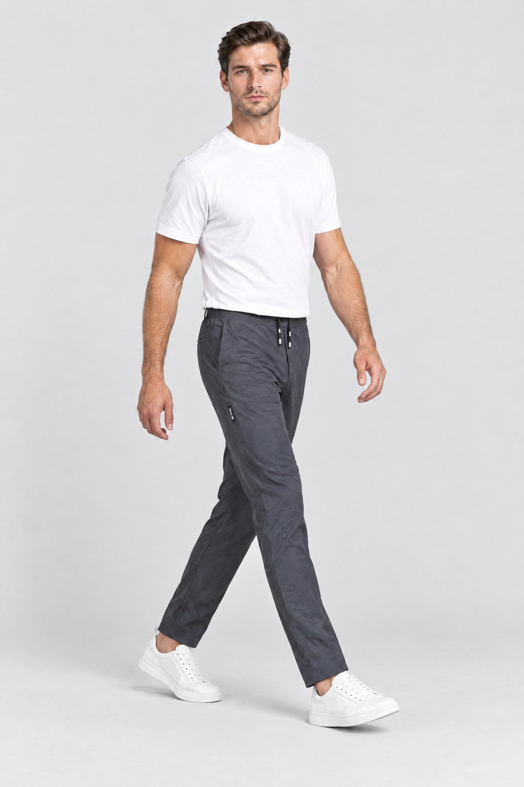 The Camden Tech Trouser in Charcoal, side view