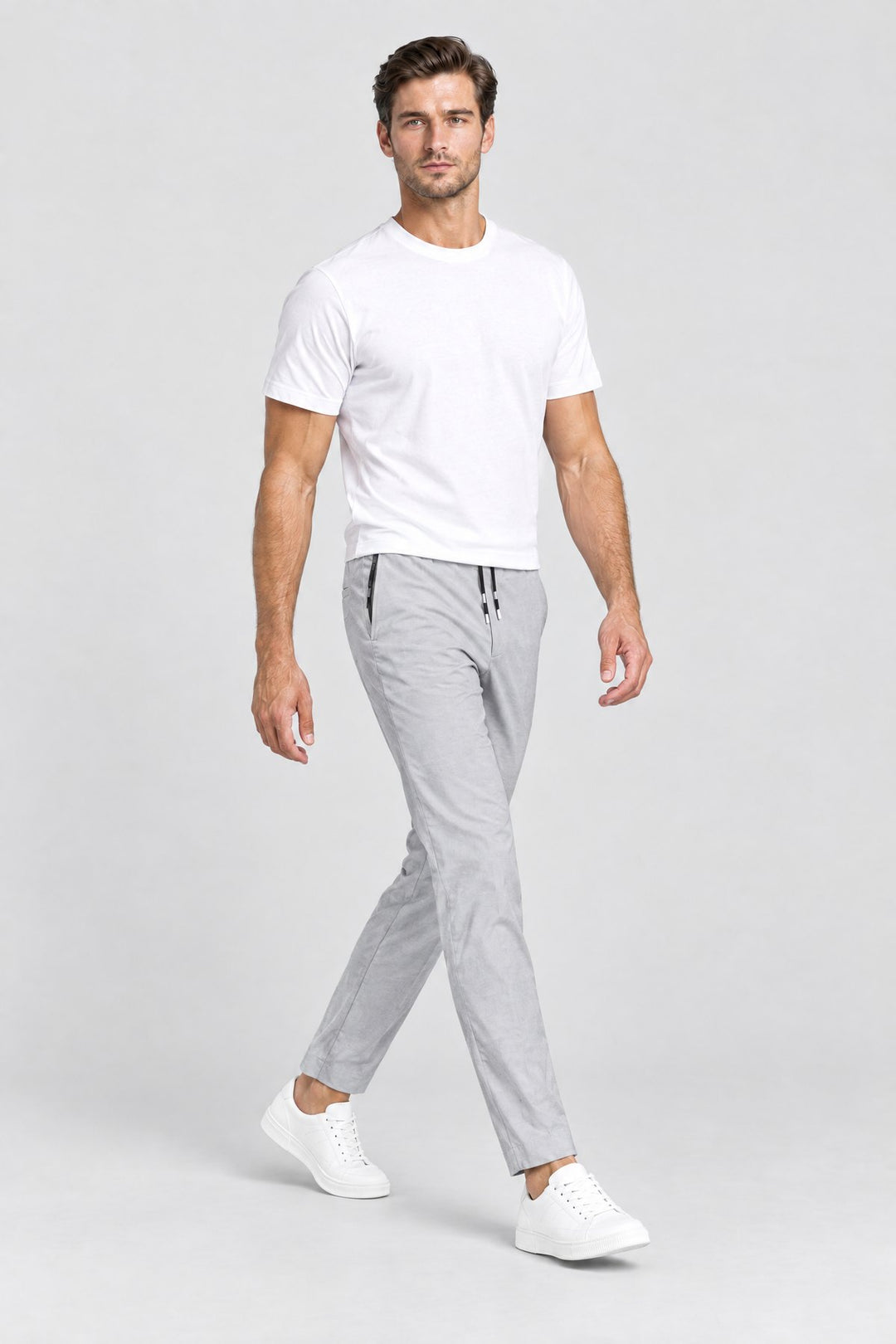 The Camden Tech Trouser in Light Grey, side view