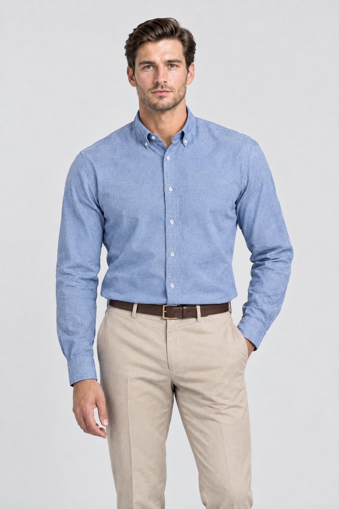 The Chelsea Oxford Shirt in Chambray, on model