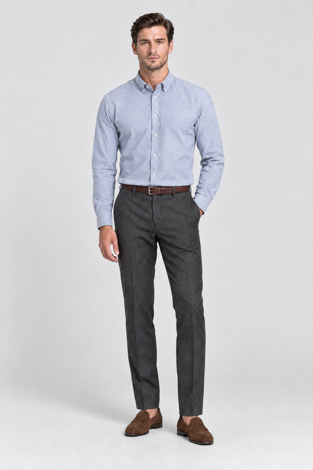 The Chelsea Oxford Shirt in Light Grey, full length