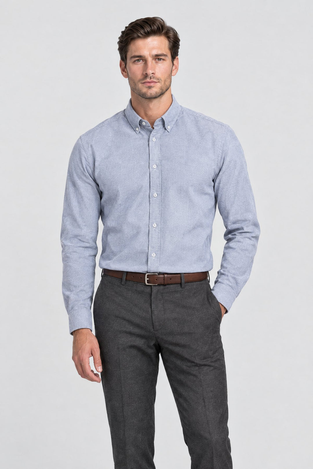 The Chelsea Oxford Shirt in Light Grey, on model