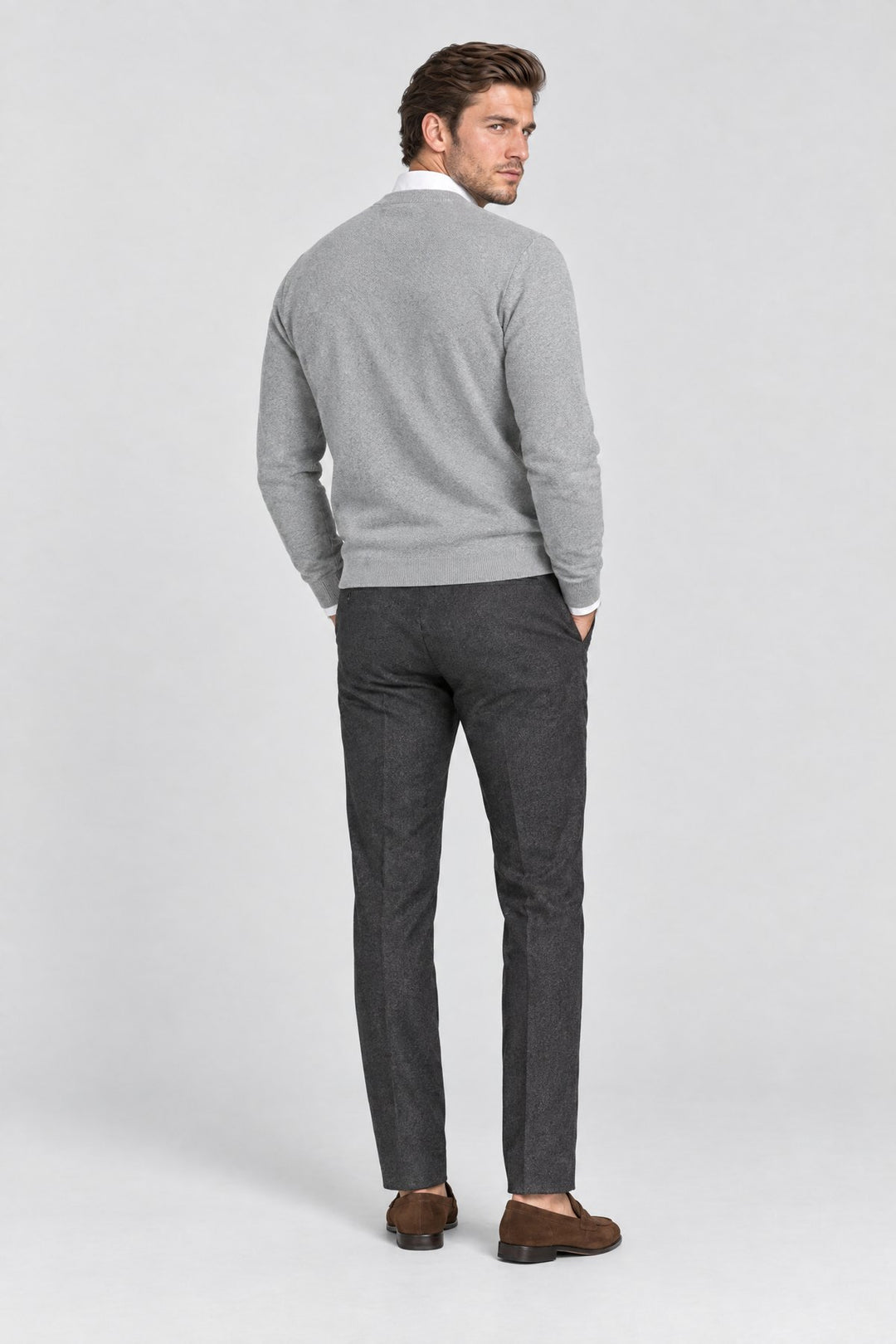 The Chiltern Crewneck in Light Grey, back view