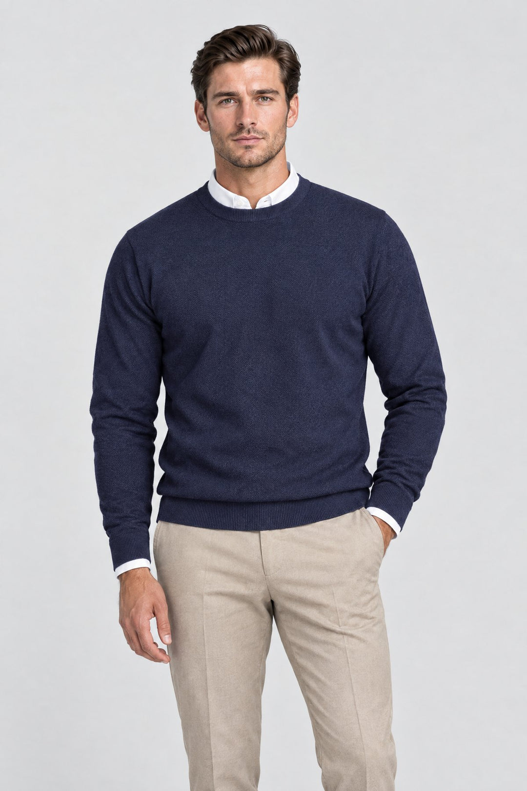 The Chiltern Crewneck in Navy worn by model