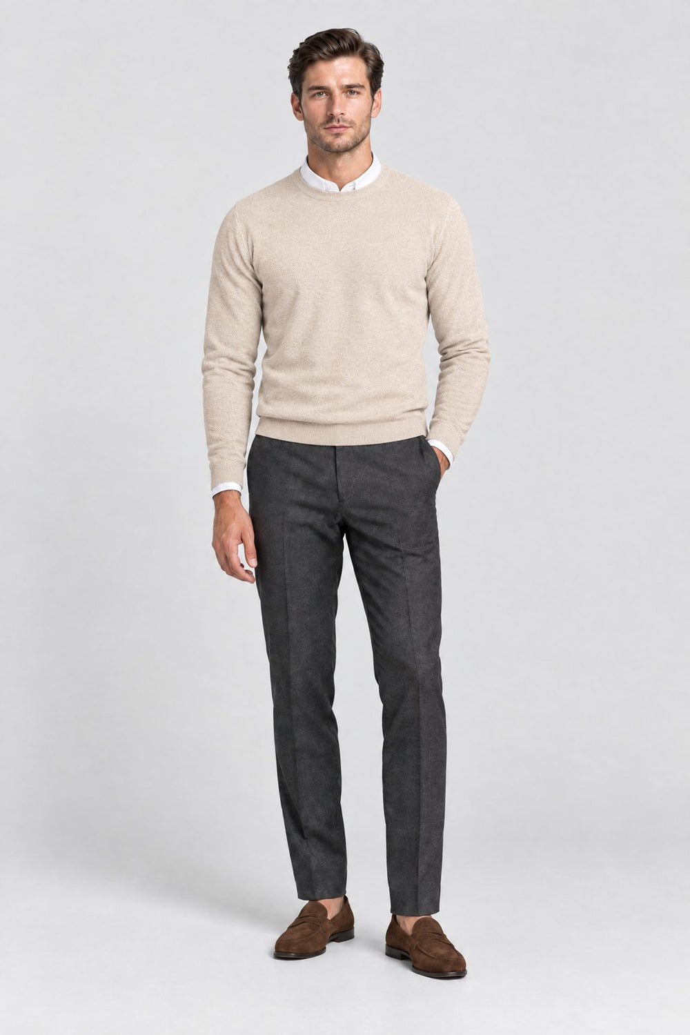 The Chiltern Crewneck in Oat worn by model — full length
