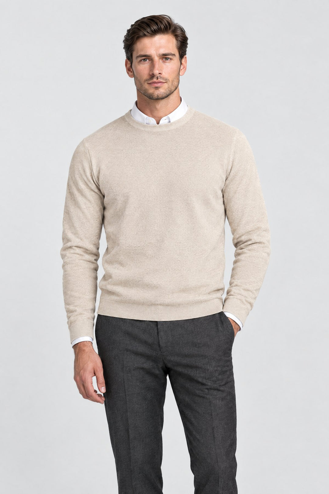 The Chiltern Crewneck in Oat worn by model