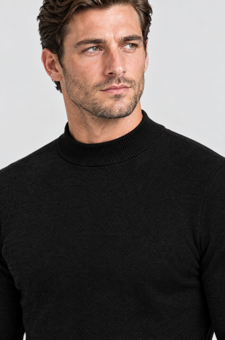 The Chiswick Mock Neck in Black, close-up detail