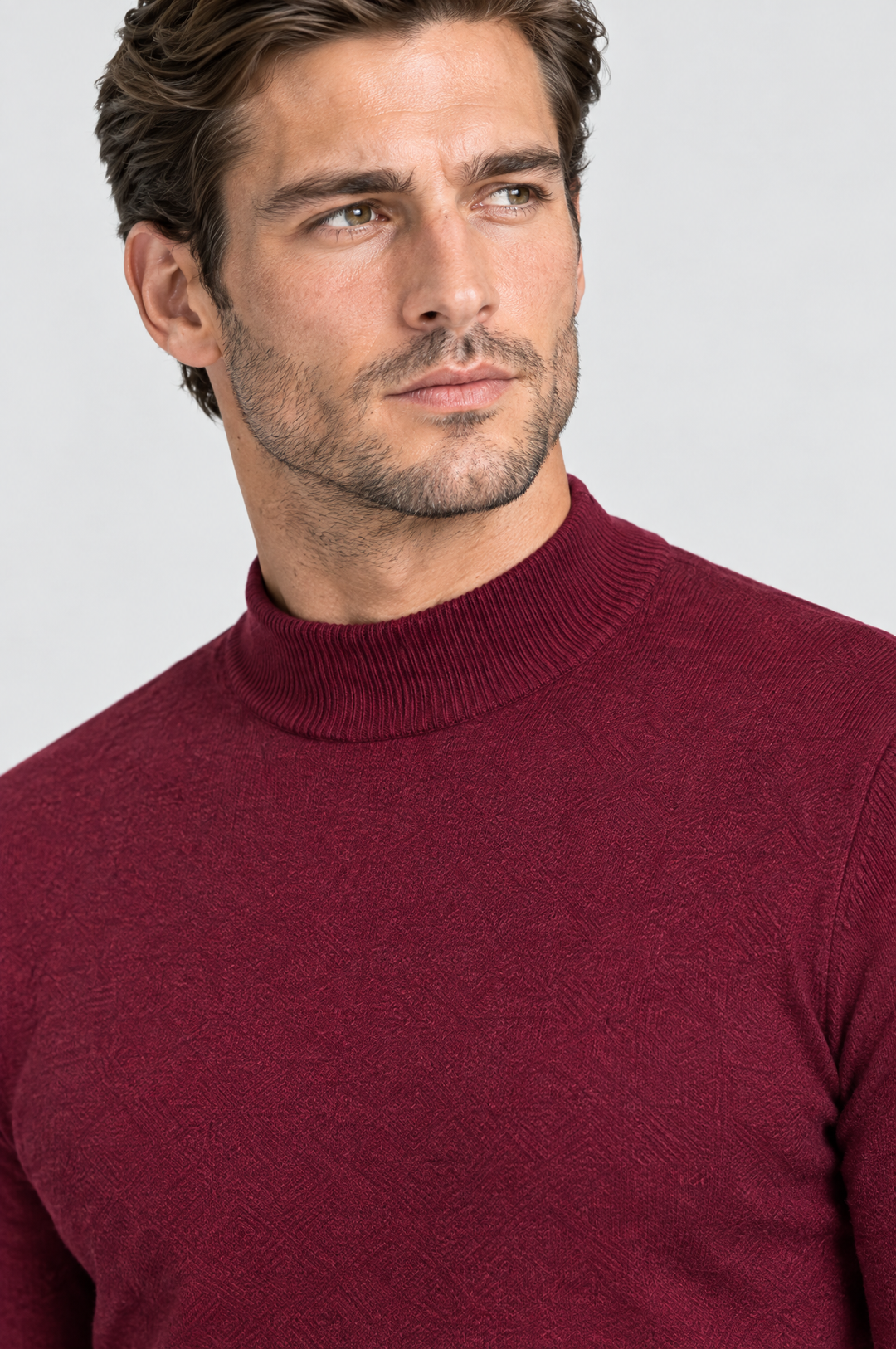The Chiswick Mock Neck in Burgundy, close-up detail