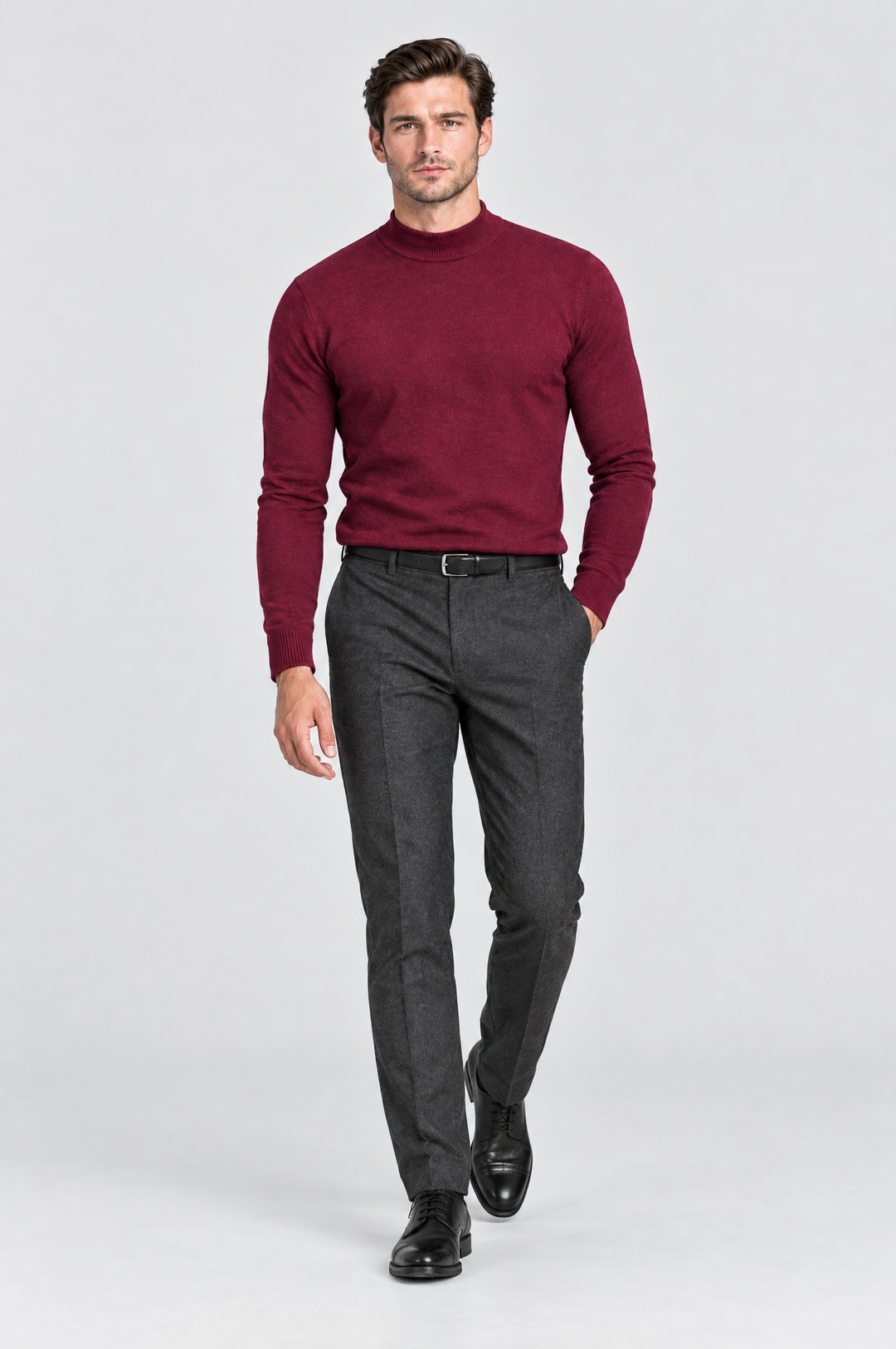 The Chiswick Mock Neck in Burgundy, on model, full length