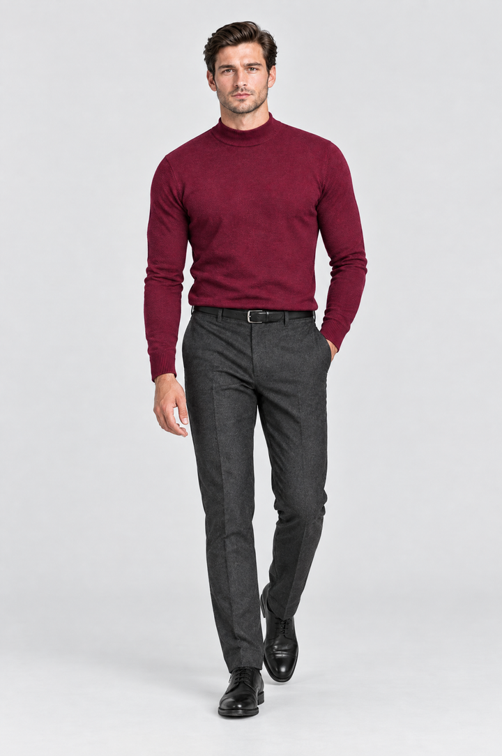 The Chiswick Mock Neck in Burgundy, on model, full length