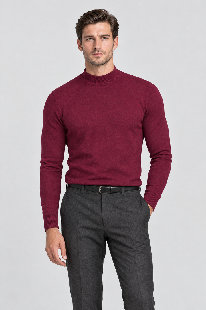 The Chiswick Mock Neck in Burgundy, on model, front