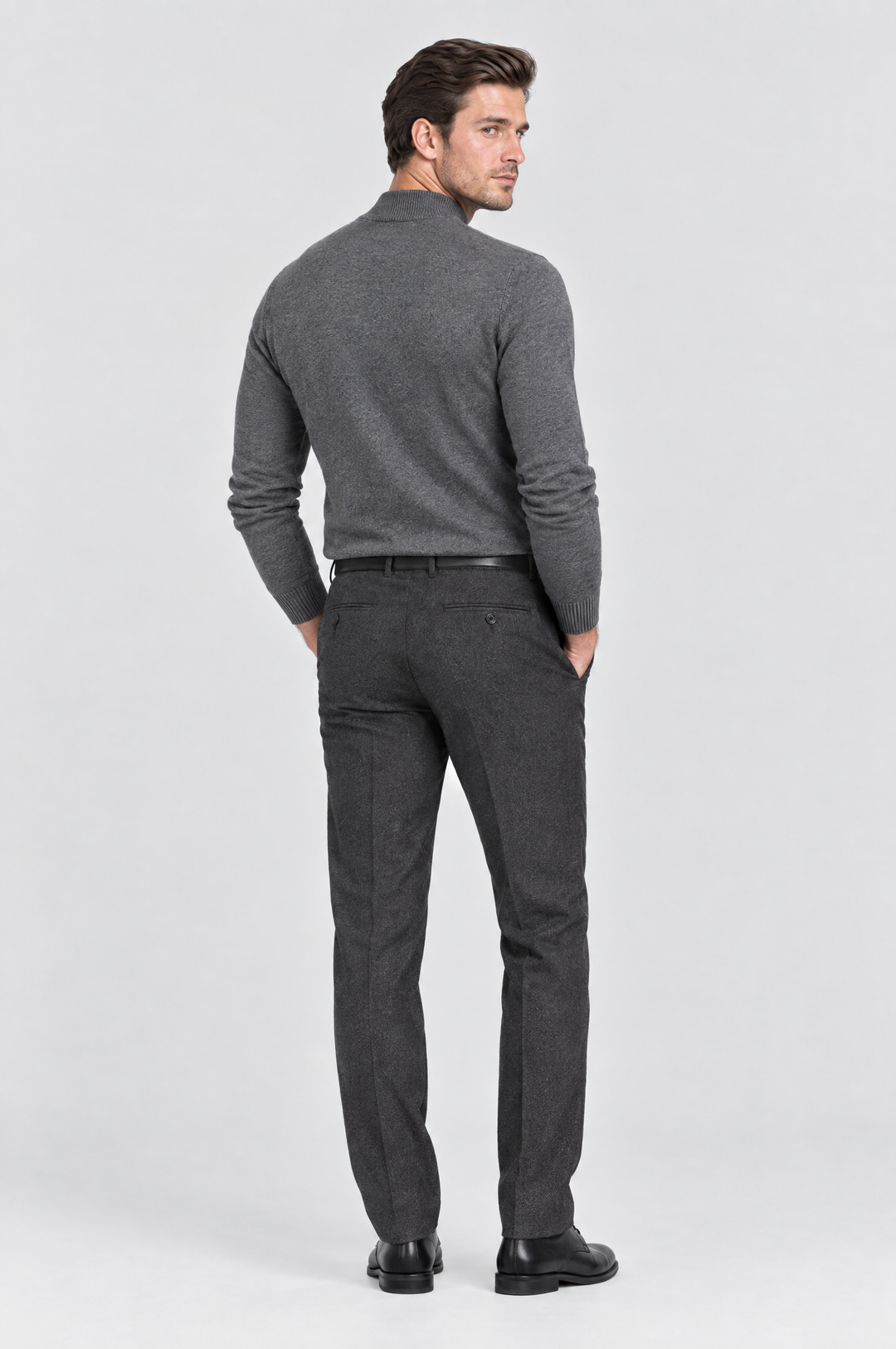 The Chiswick Mock Neck in Charcoal, on model, back view