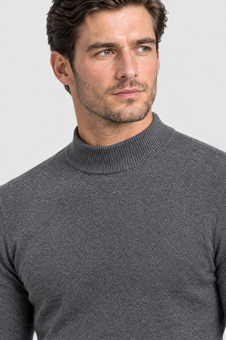 The Chiswick Mock Neck in Charcoal, close-up detail