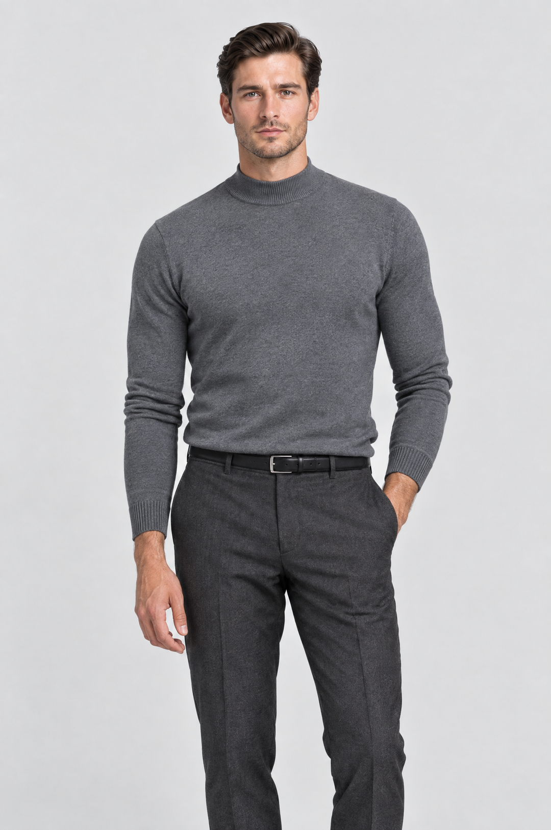The Chiswick Mock Neck in Charcoal, on model, front