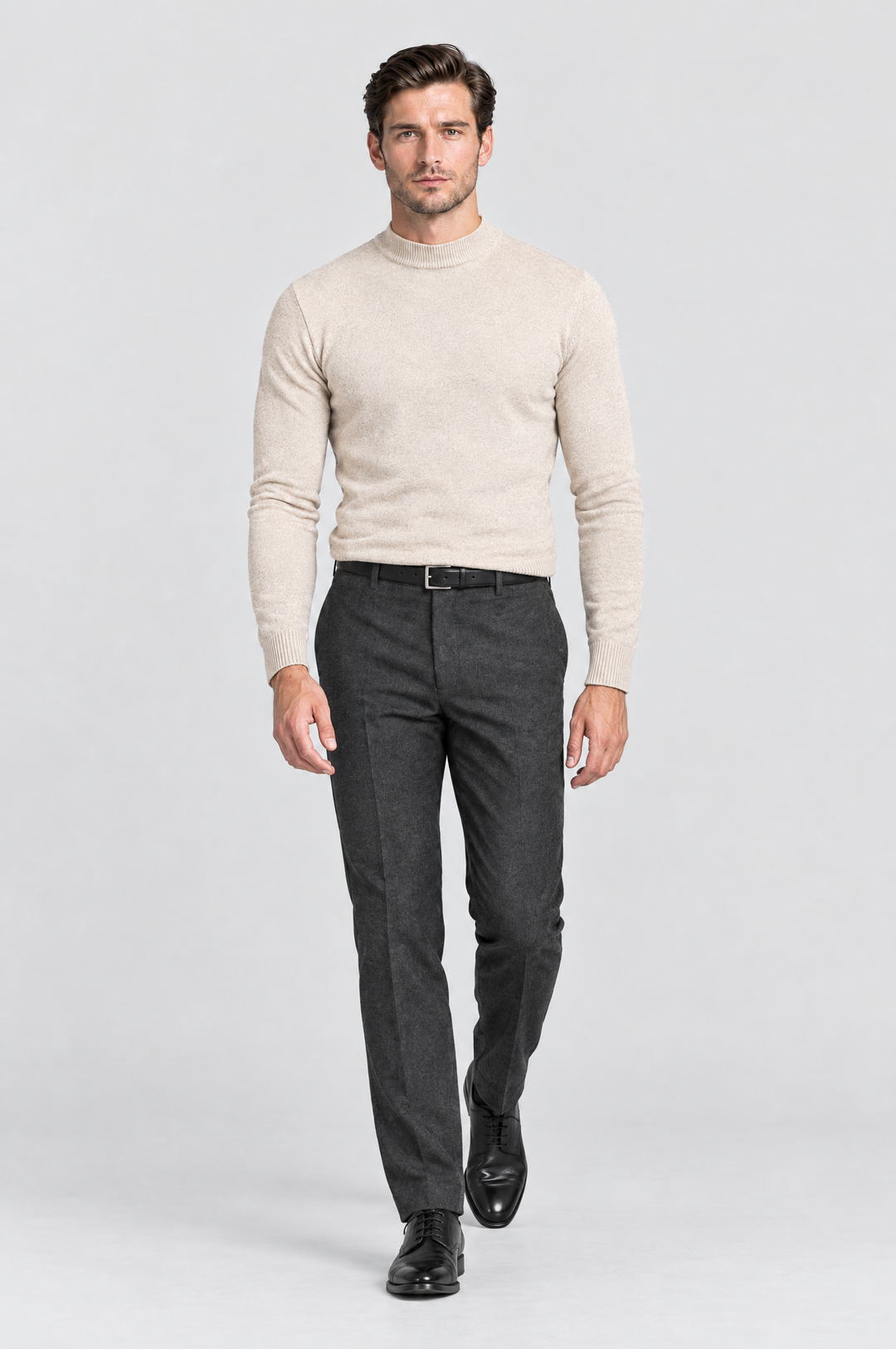 The Chiswick Mock Neck in Oat, on model, full length