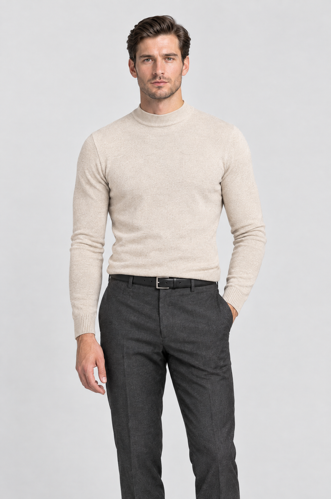 The Chiswick Mock Neck in Oat, on model, front