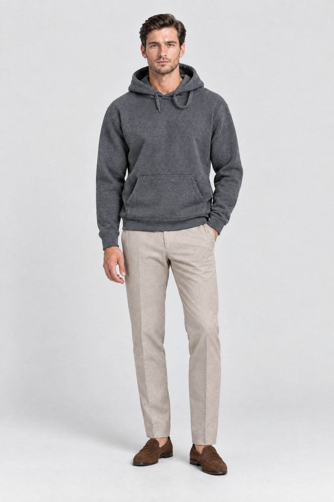 The Clerkenwell Hoodie in Charcoal, full length