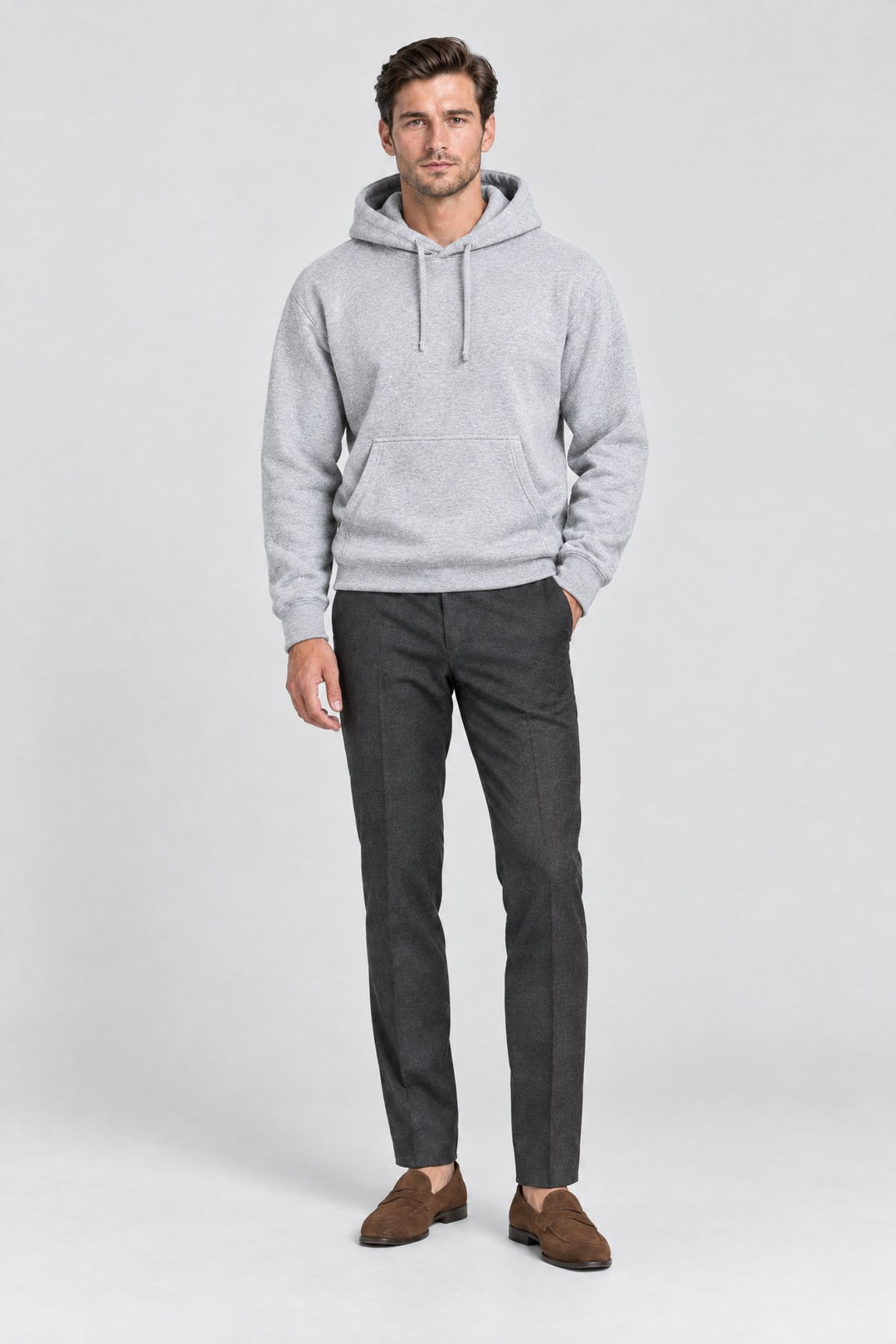 The Clerkenwell Hoodie in Grey Marl, full length