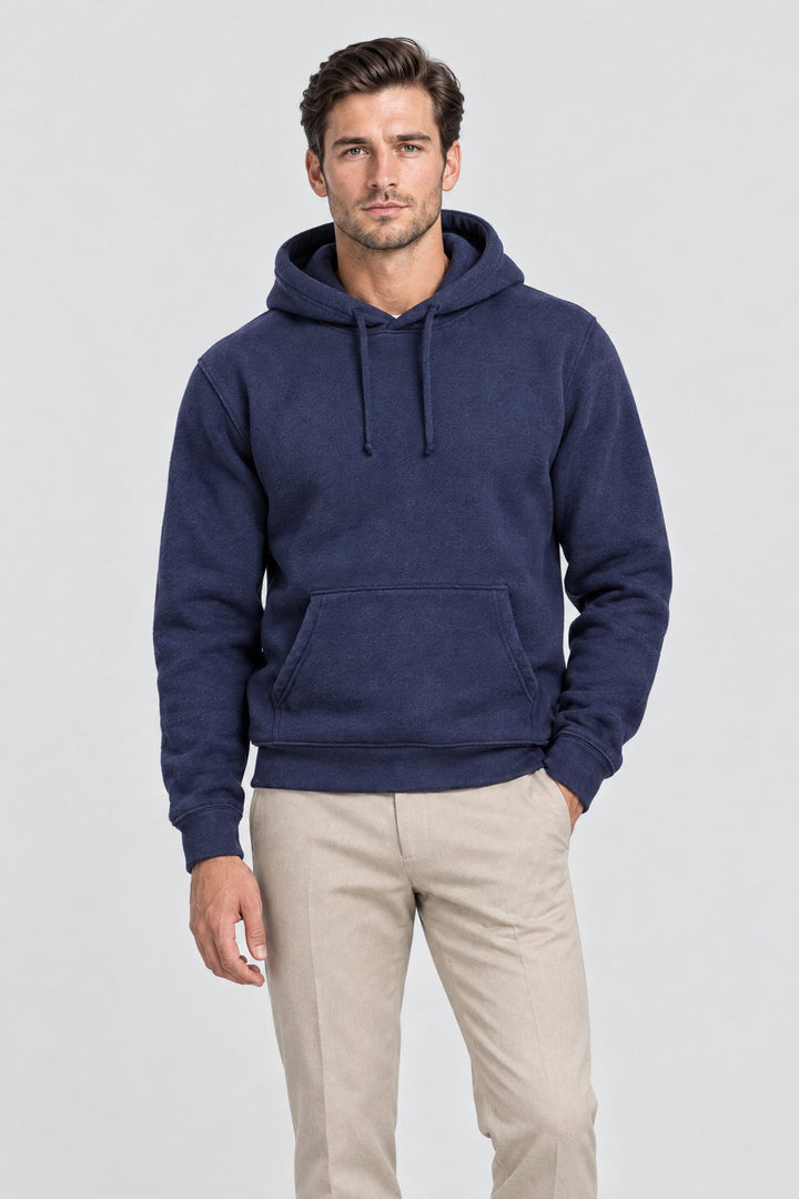 The Clerkenwell Hoodie in Navy, on model