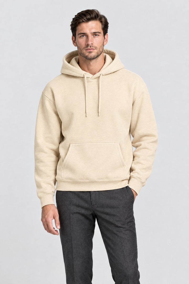The Clerkenwell Hoodie in Sand, on model