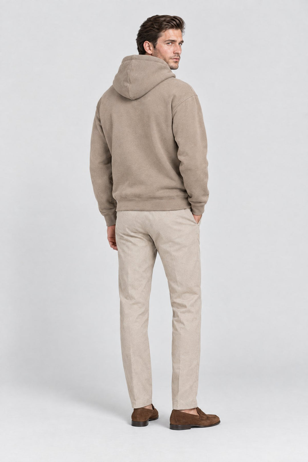 The Clerkenwell Hoodie in Taupe, back view