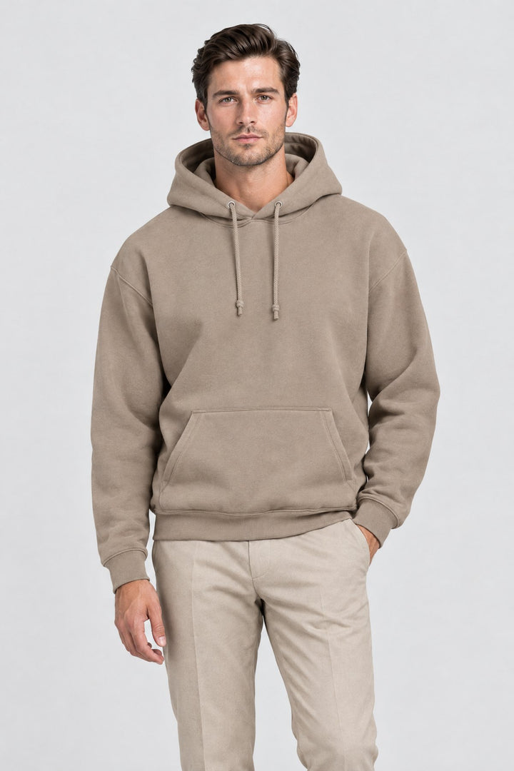 The Clerkenwell Hoodie in Taupe, on model