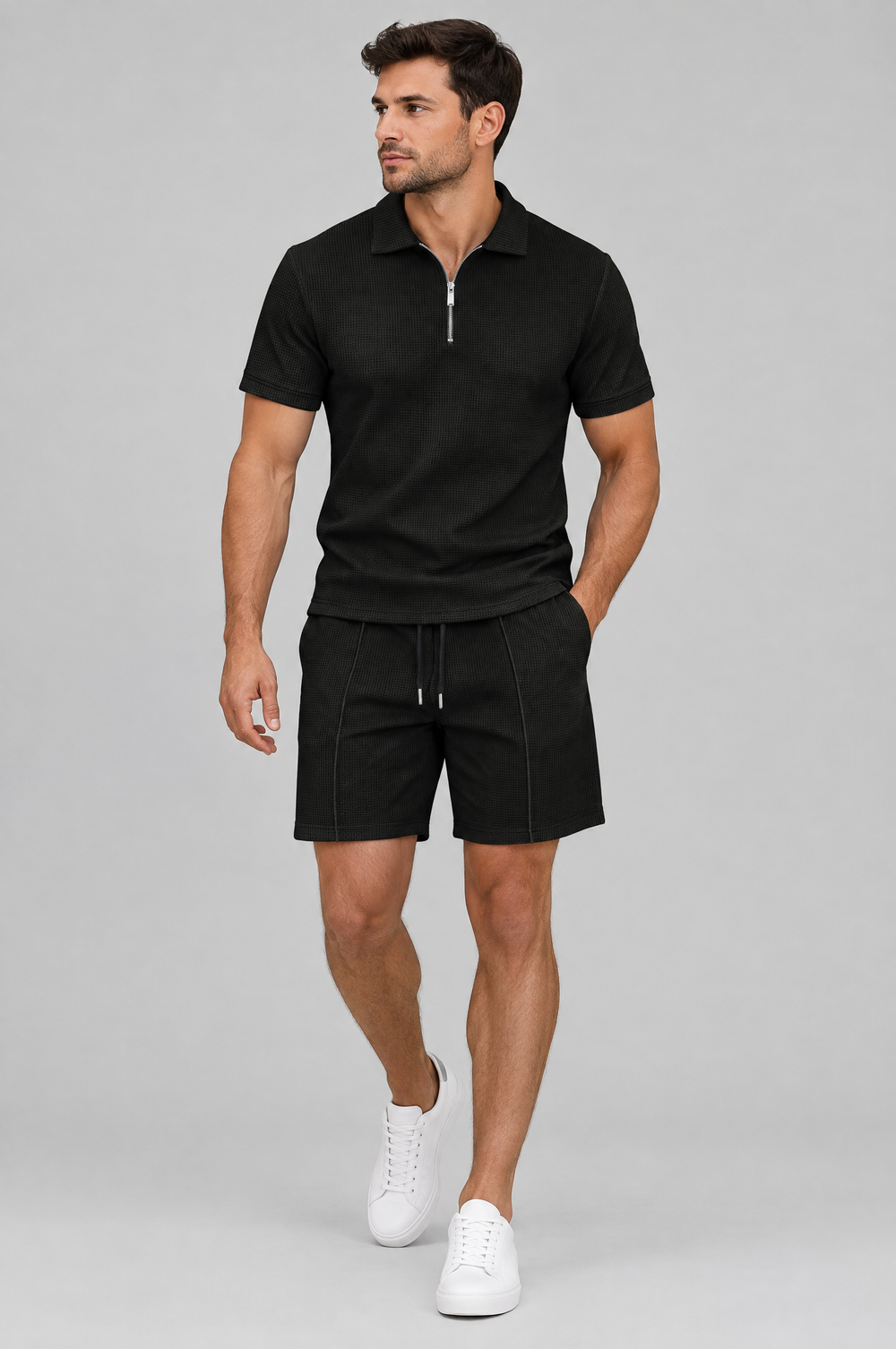 Men's Waffle Zip Polo and Shorts Set in Black – The Colehill by WARDLEY