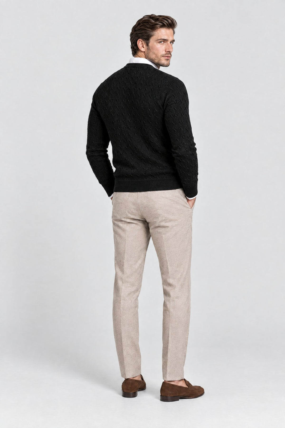 The Cotswold Cable Crewneck in Black, back view