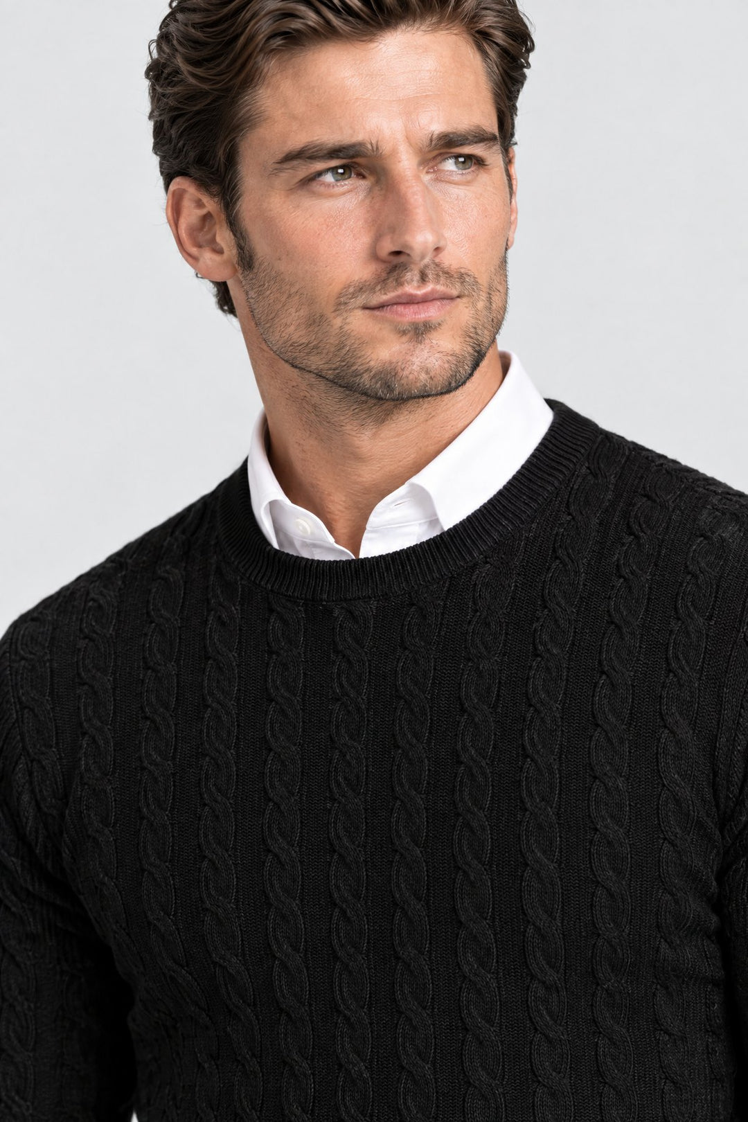 The Cotswold Cable Crewneck in Black, detail