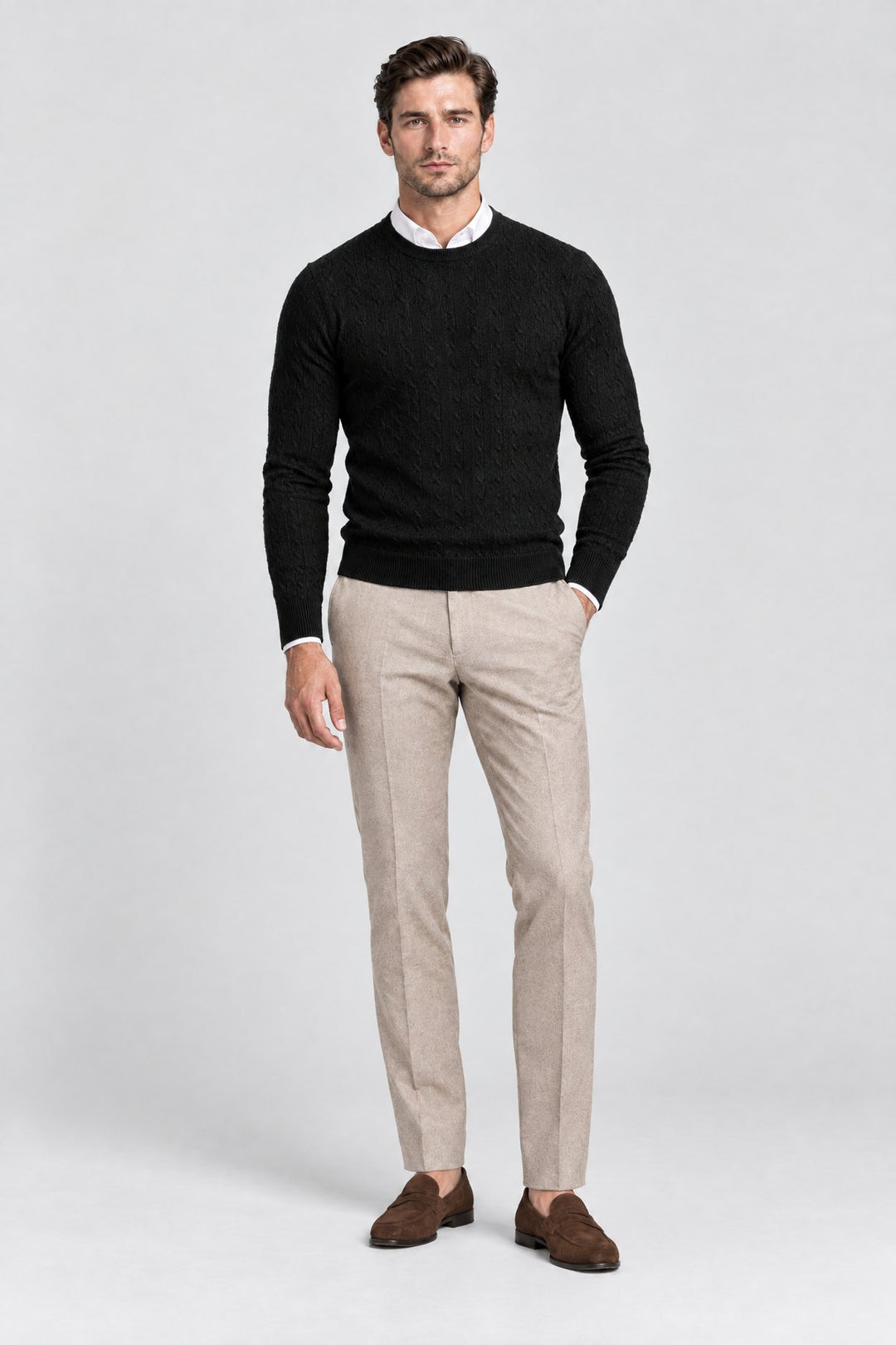 The Cotswold Cable Crewneck in Black, full length