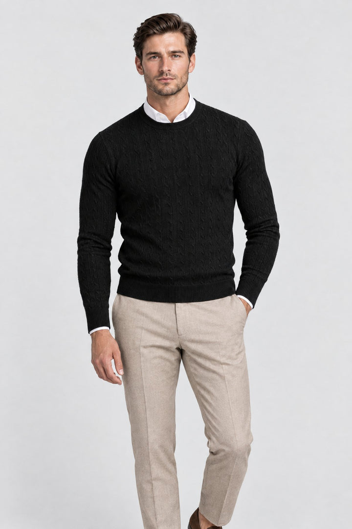 The Cotswold Cable Crewneck in Black, on model