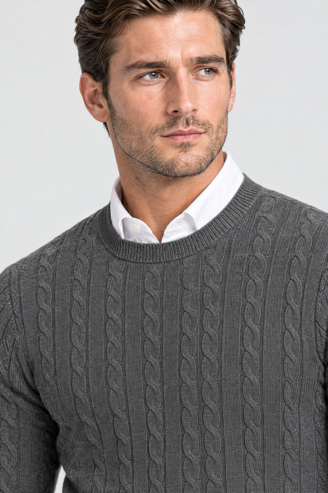 The Cotswold Cable Crewneck in Charcoal, detail