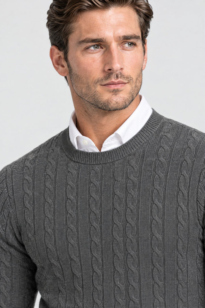 The Cotswold Cable Crewneck in Charcoal, detail