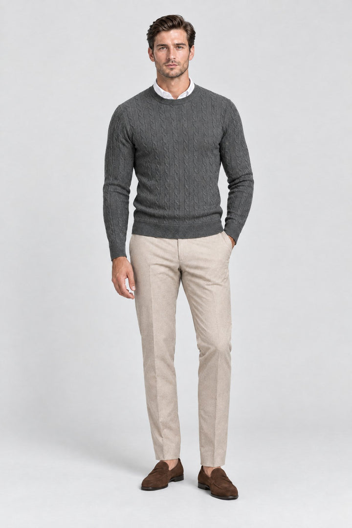 The Cotswold Cable Crewneck in Charcoal, full length