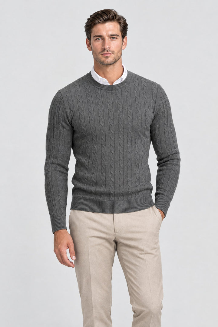 The Cotswold Cable Crewneck in Charcoal, on model