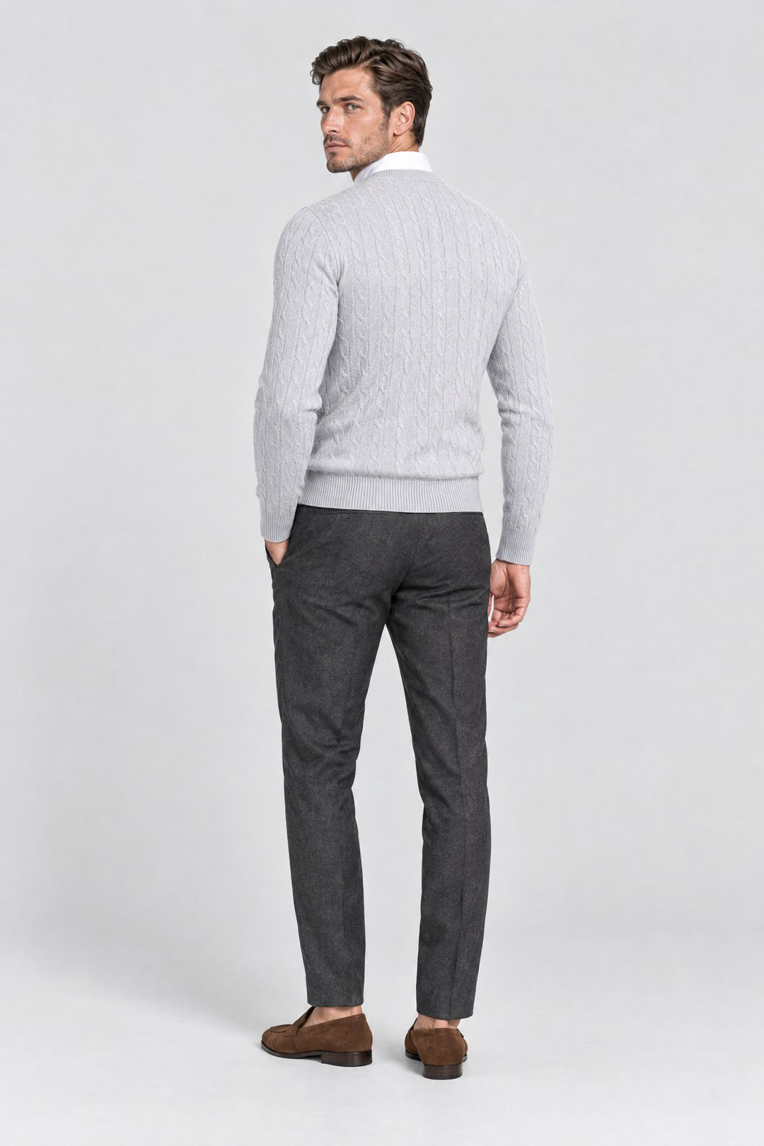 The Cotswold Cable Crewneck in Light Grey, back view