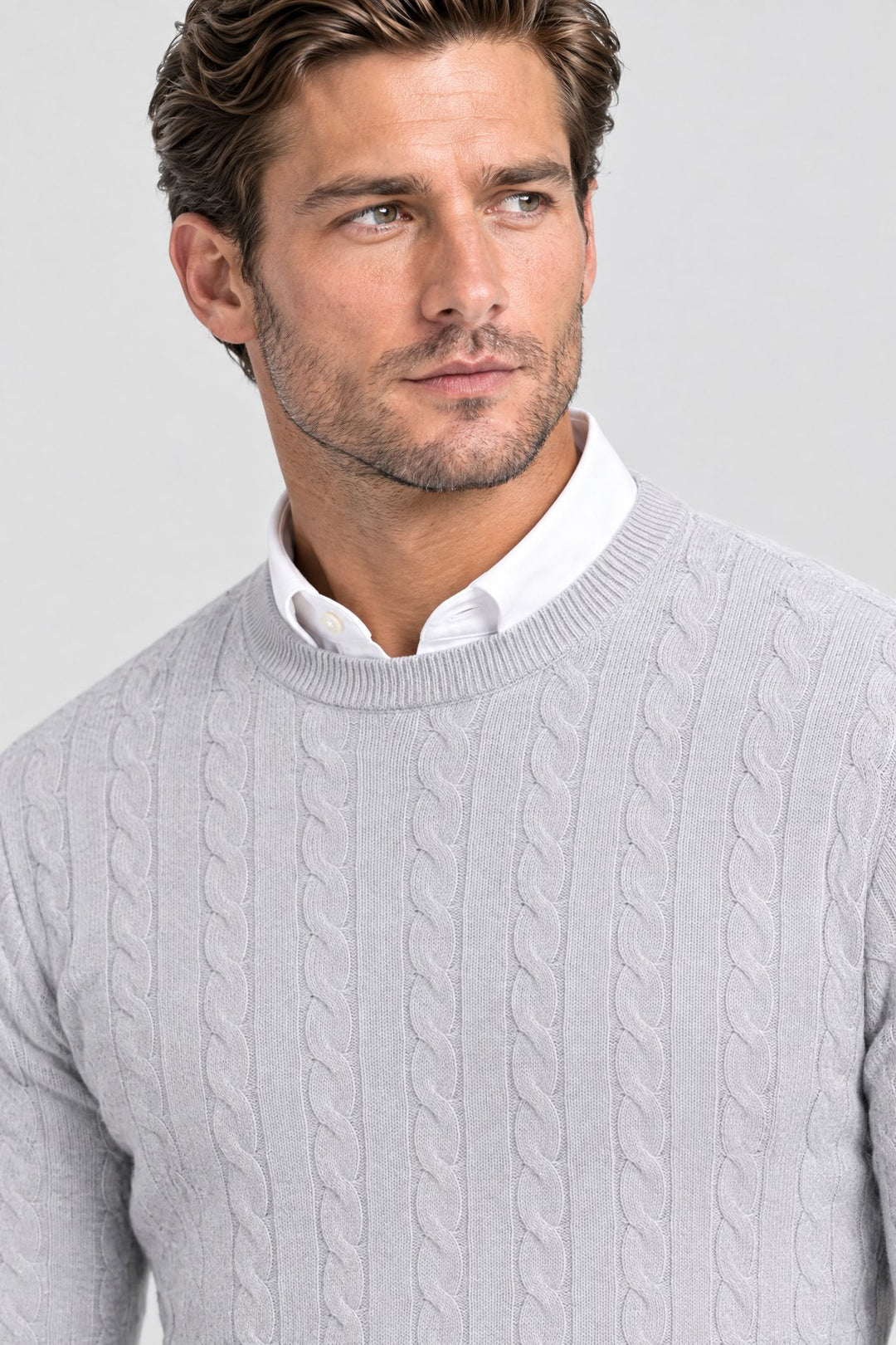 The Cotswold Cable Crewneck in Light Grey, detail