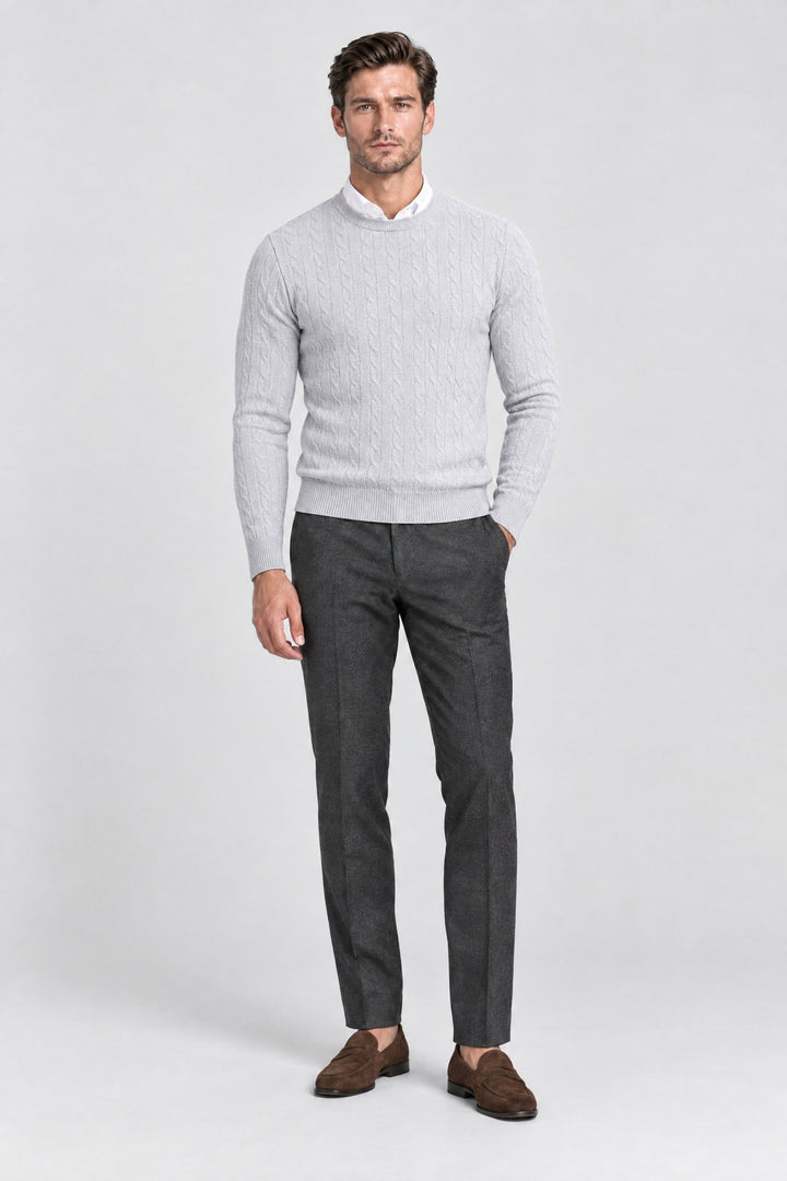 The Cotswold Cable Crewneck in Light Grey, full length