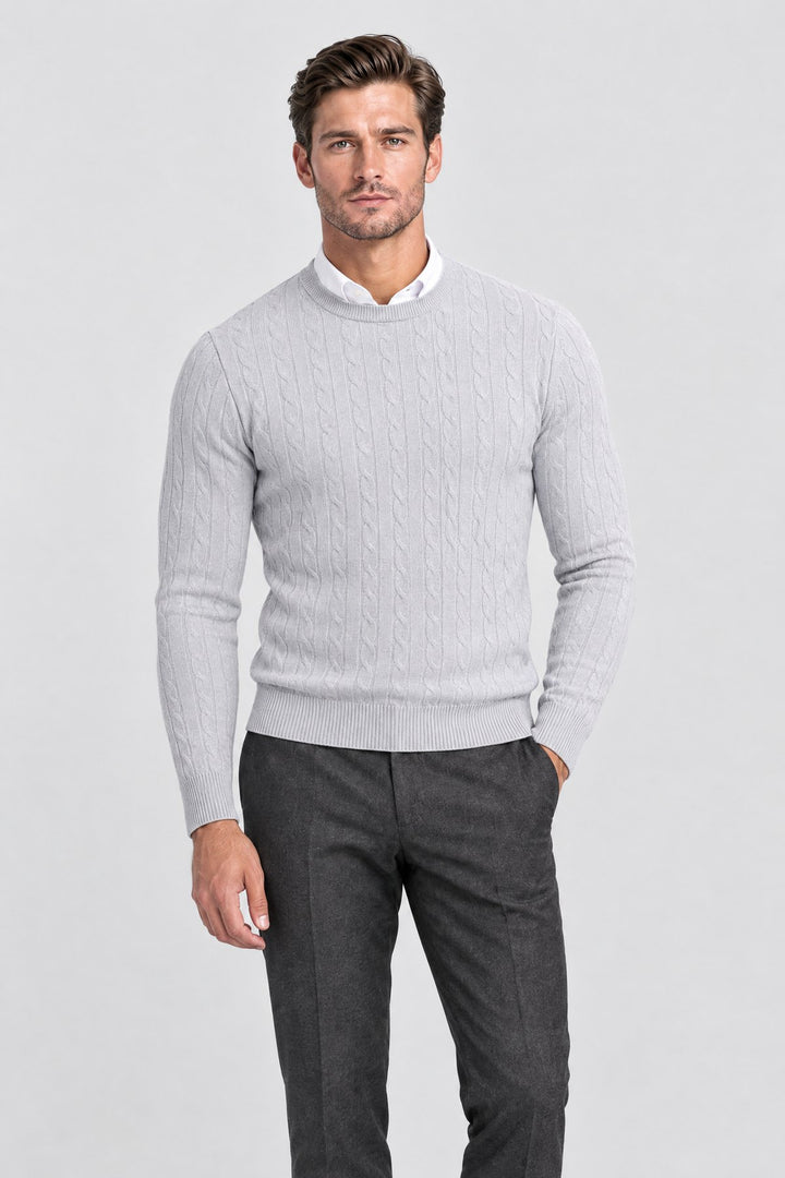 The Cotswold Cable Crewneck in Light Grey, on model