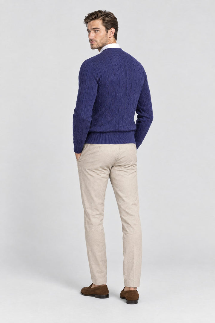 The Cotswold Cable Crewneck in Navy, back view