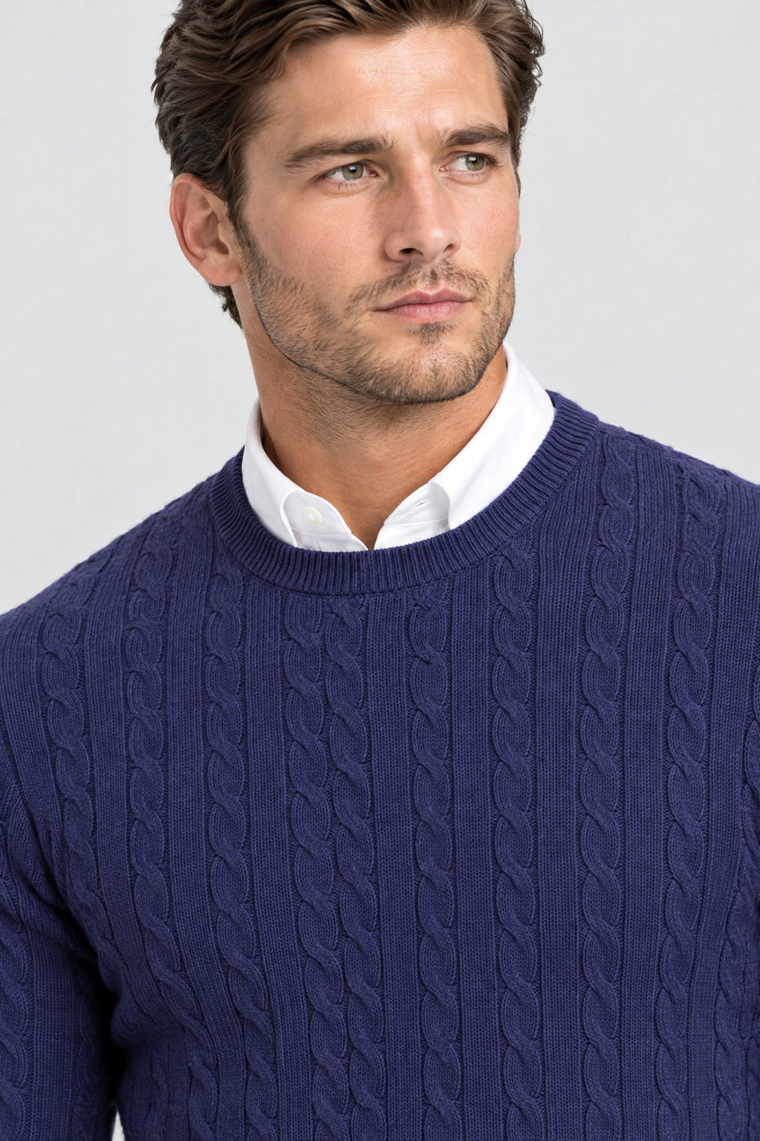 The Cotswold Cable Crewneck in Navy, detail