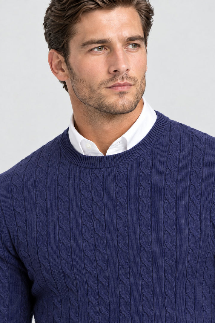 The Cotswold Cable Crewneck in Navy, detail