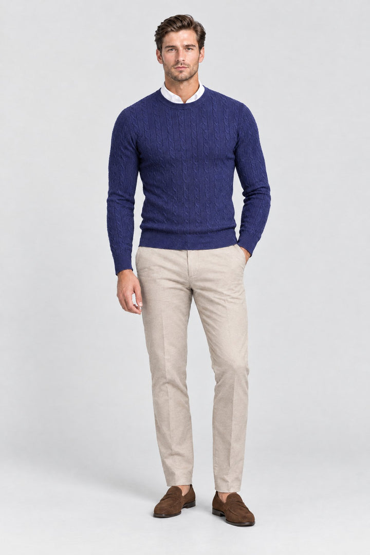 The Cotswold Cable Crewneck in Navy, full length
