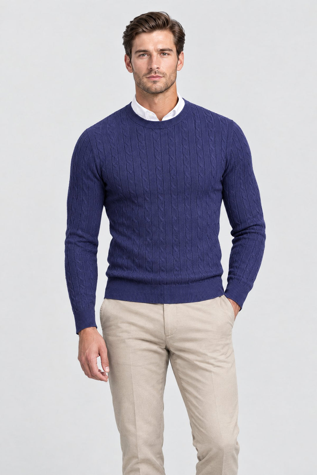 The Cotswold Cable Crewneck in Navy, on model