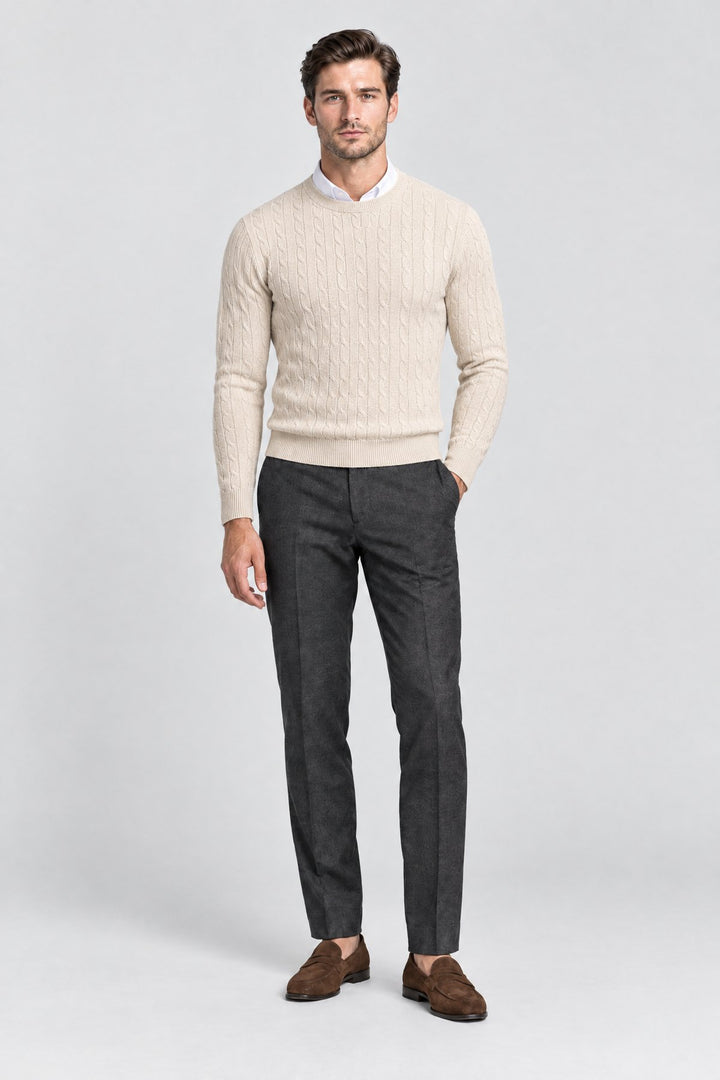 The Cotswold Cable Crewneck in Oat, on model
